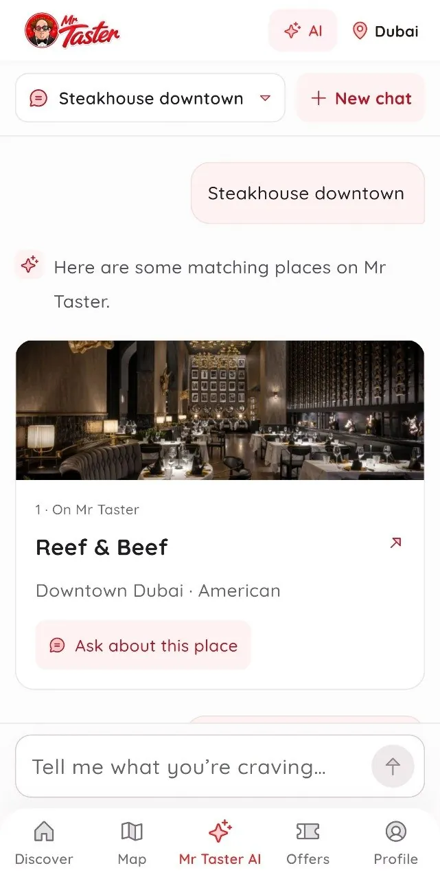 Mr Taster AI screen: ask the assistant about restaurants in Dubai