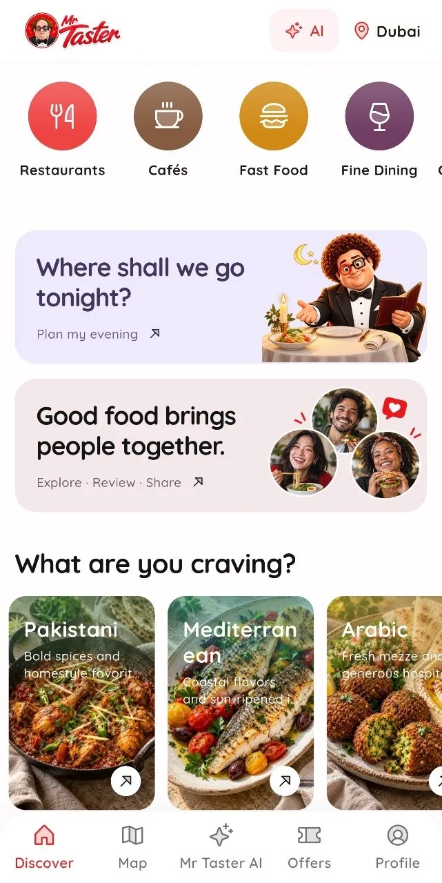 Mr.Taster app screen for browsing restaurants by cuisine