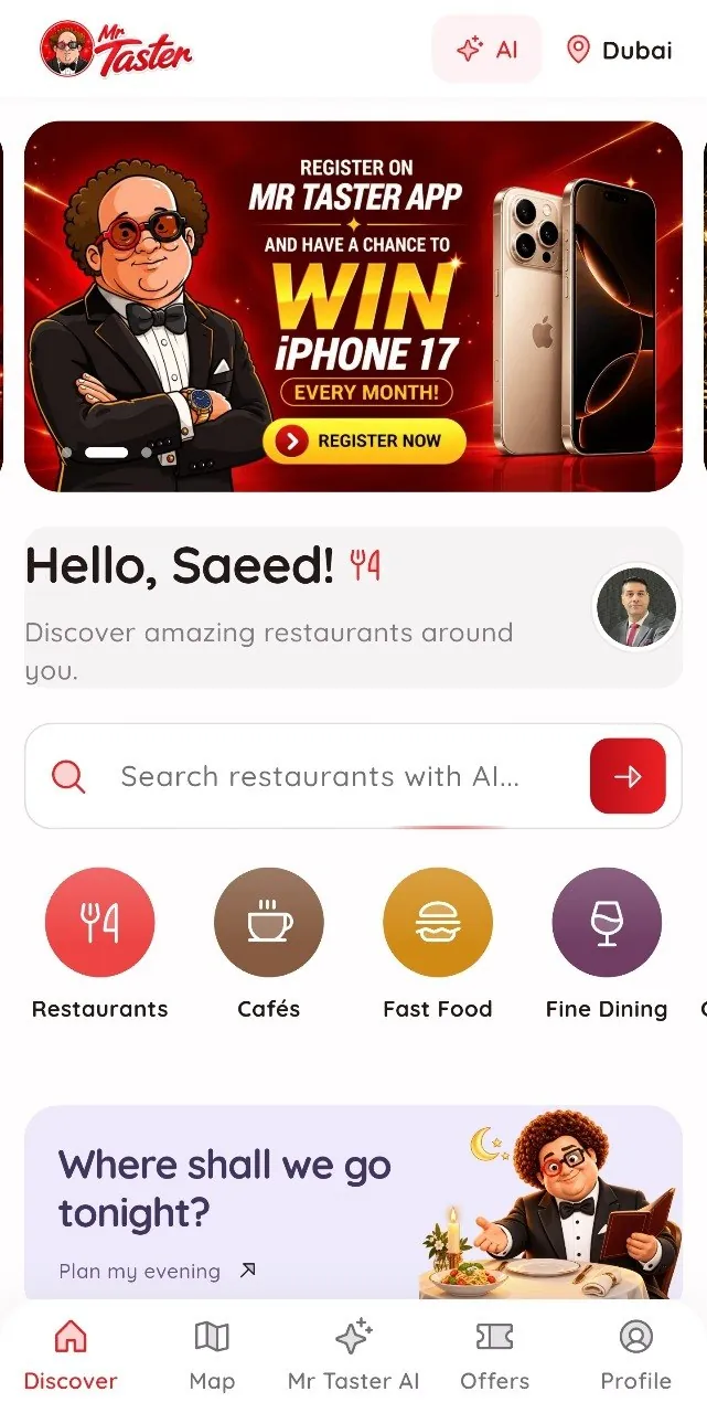 Mr.Taster app home screen; AI-powered restaurant discovery in Dubai
