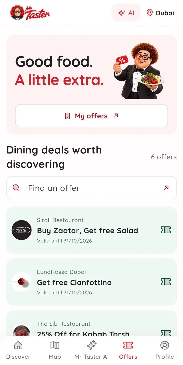 Mr.Taster app screen with restaurant offers and discounts in Dubai