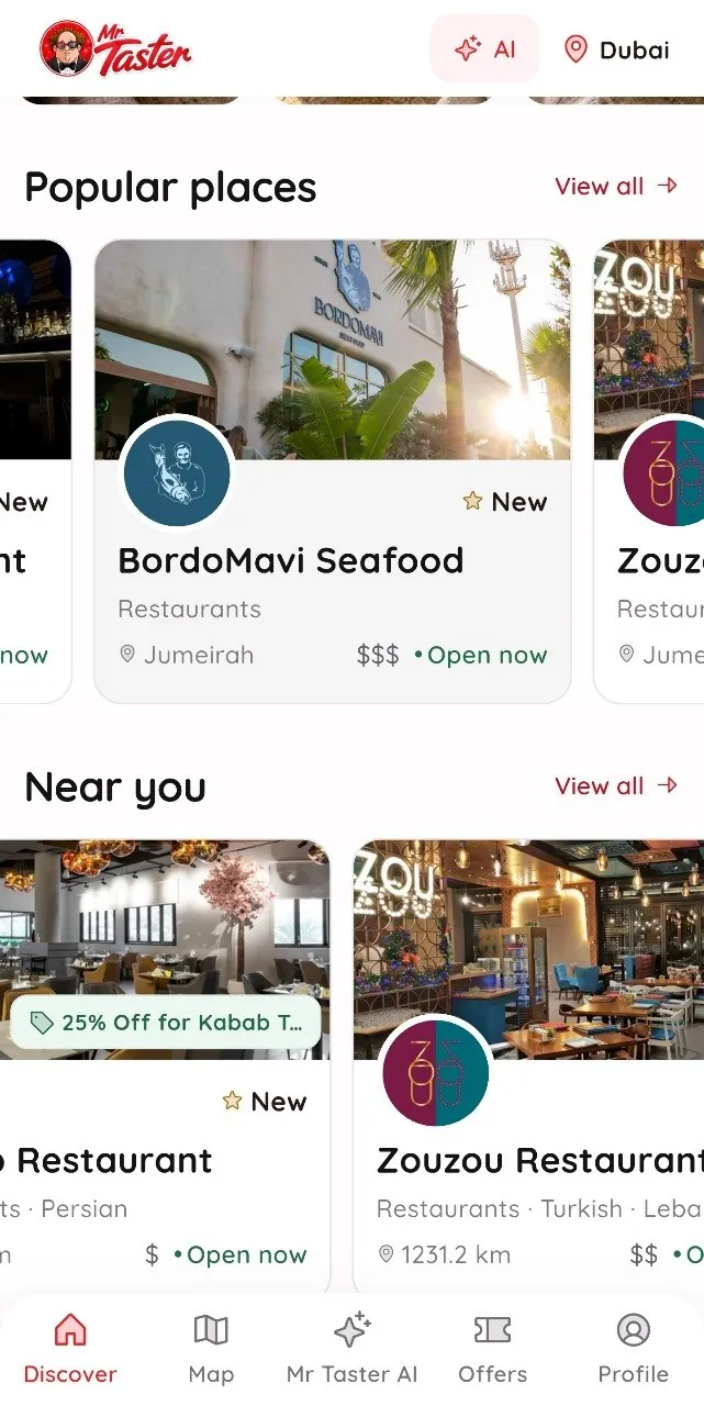 Mr.Taster app restaurant listing and detail screen